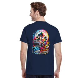 Navy t-shirt back featuring "Built Not Bought" graphic with modified car, palm trees, and colorful sunset design.