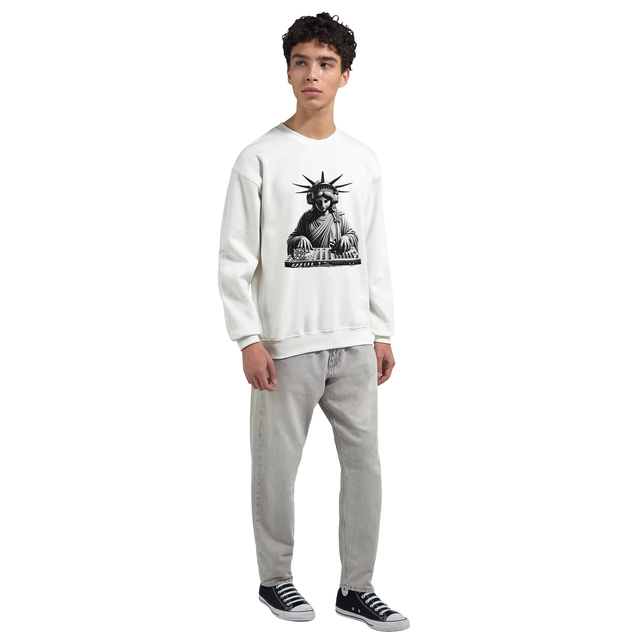 Male model wearing white DJ Club men's graphic sweatshirt with Statue of Liberty DJ print.