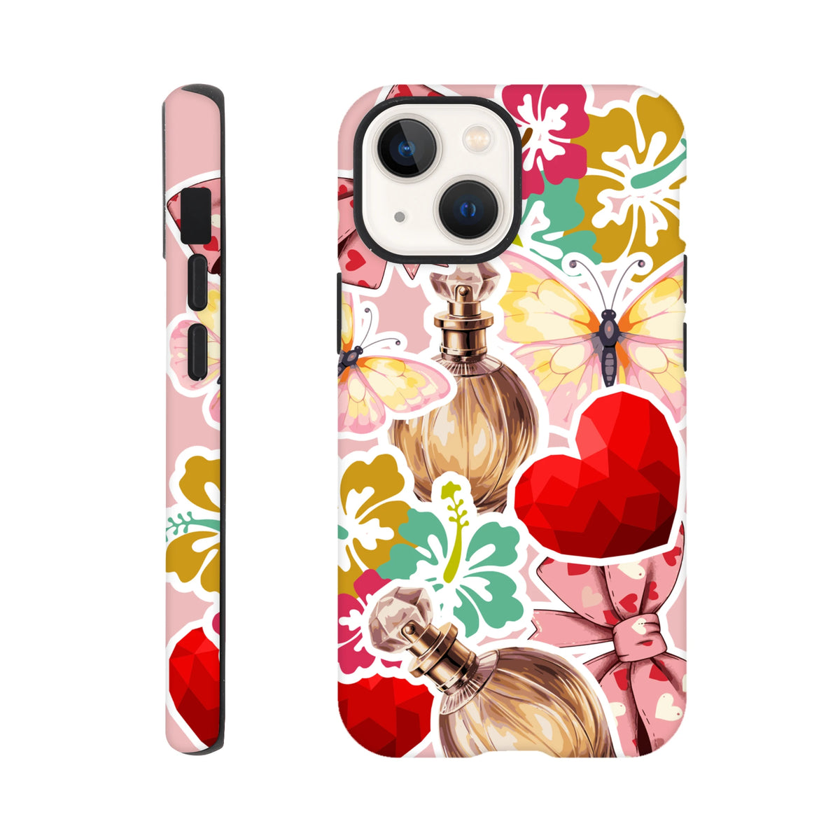 Pink floral iPhone case with perfume bottle, butterfly, heart, and flower sticker graphics for a tough streetwear look.