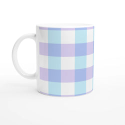 Pastel blue gingham ceramic mug with lavender and light blue checks, a cute checkered coffee cup.
