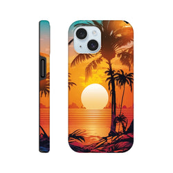 Retro tropical sunset iPhone case featuring palm tree silhouettes against a vibrant orange beach sunset gradient.