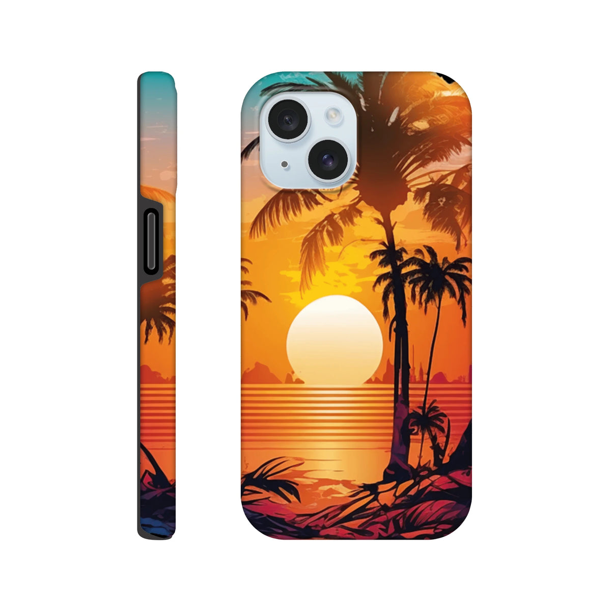 Retro tropical sunset iPhone case featuring palm tree silhouettes against a vibrant orange beach sunset gradient.