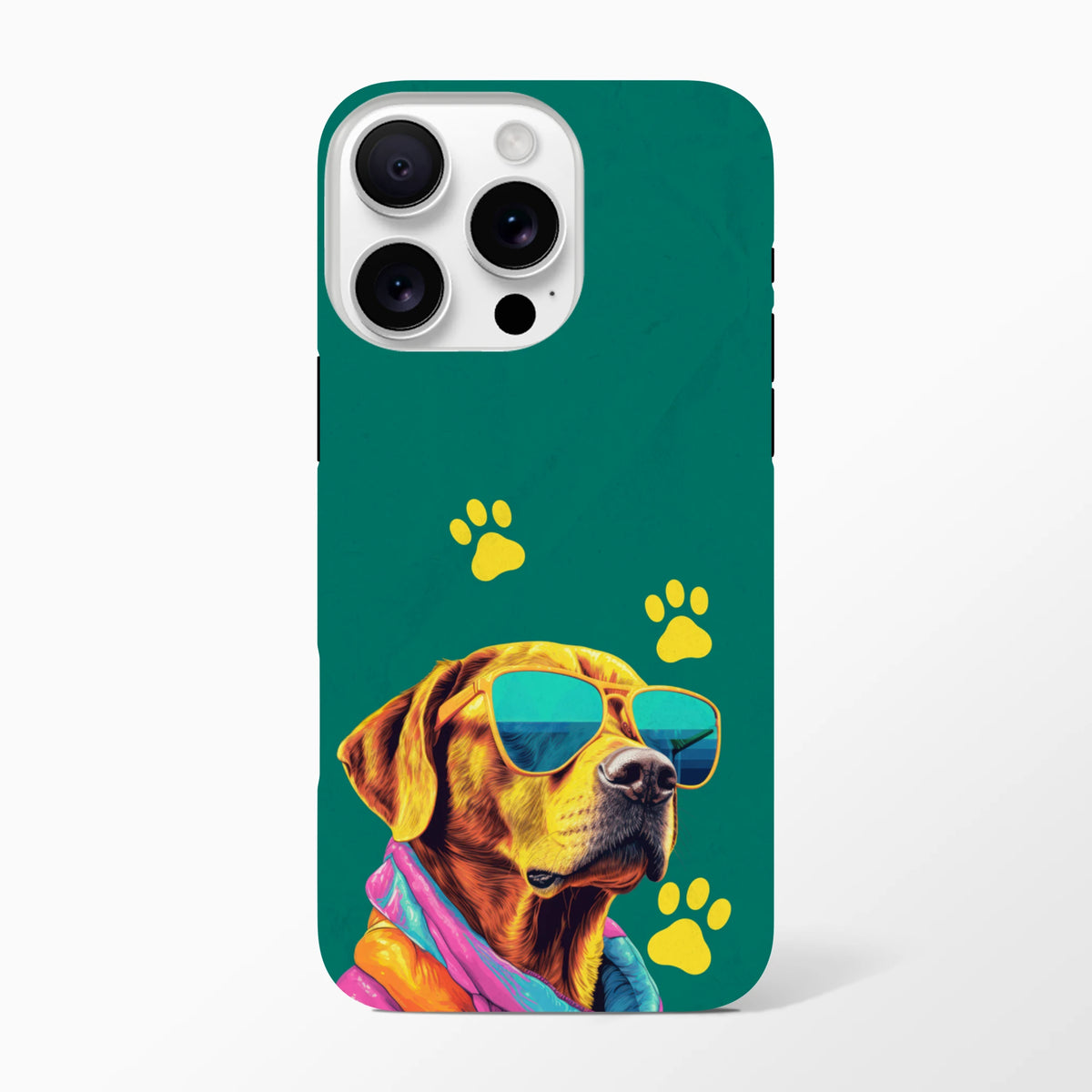 Teal iPhone case featuring a stylish dog in sunglasses and yellow paw prints. Tough protective cover with wraparound art for daily carry.