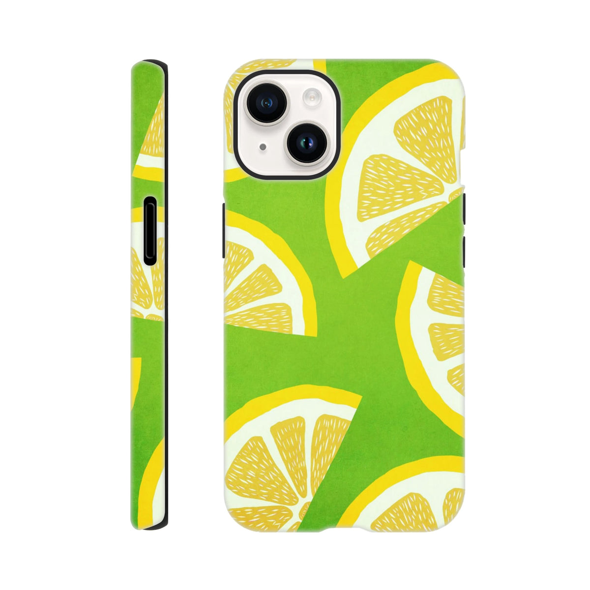Green citrus phone case featuring bold yellow lemon slice patterns. Shock-absorbing tough cover for iPhone 13-16 street accessories.