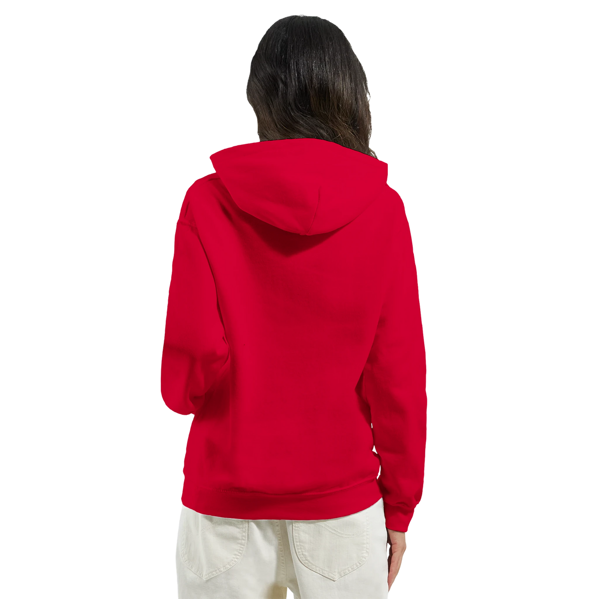 Back view of a solid red retro strawberry gingham hoodie for women, featuring a relaxed fit and attached hood for vintage urban style.
