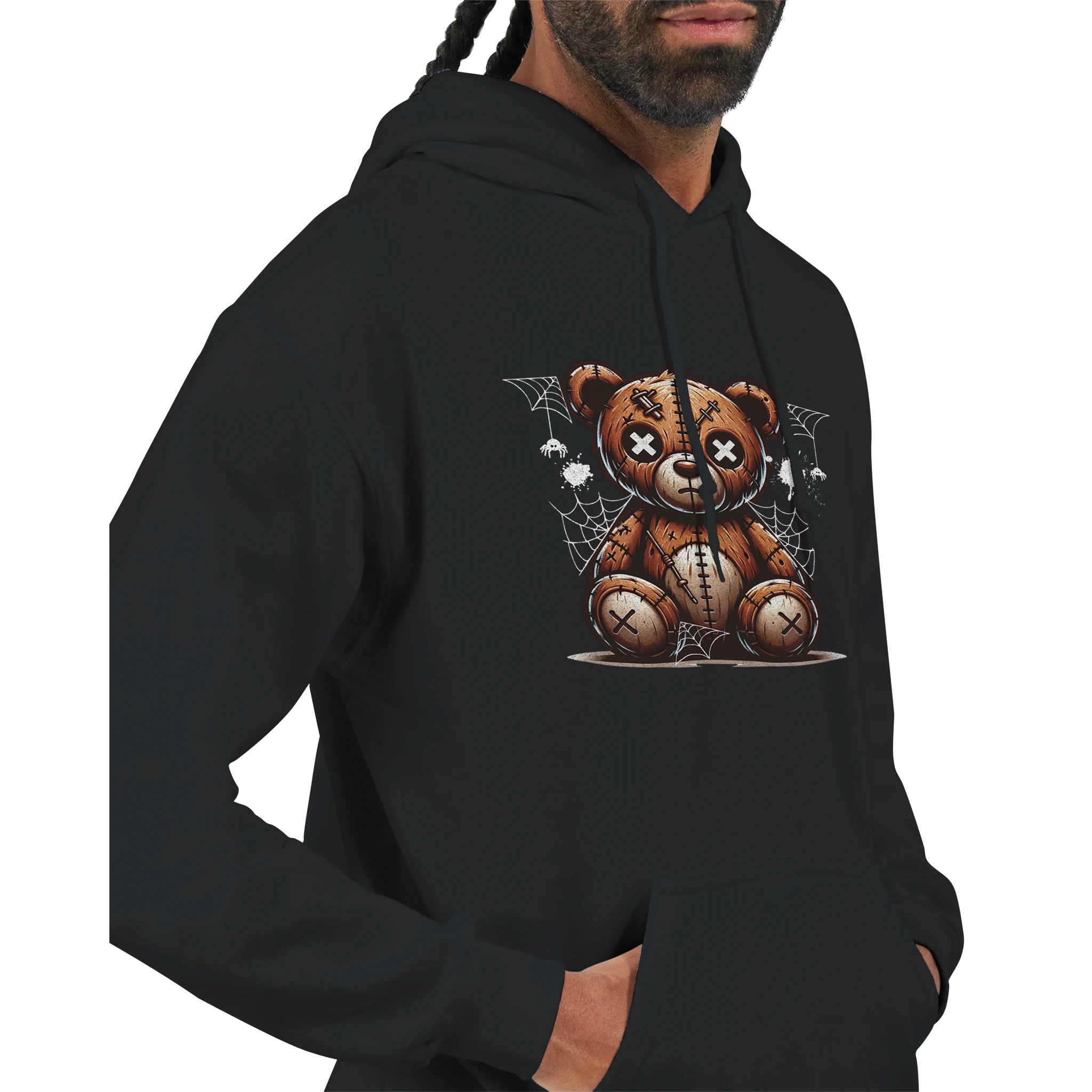 Men's stressed teddy bear hoodie graphic on black cotton-poly blend, X-eyed bear with stitched patches and cobwebs.