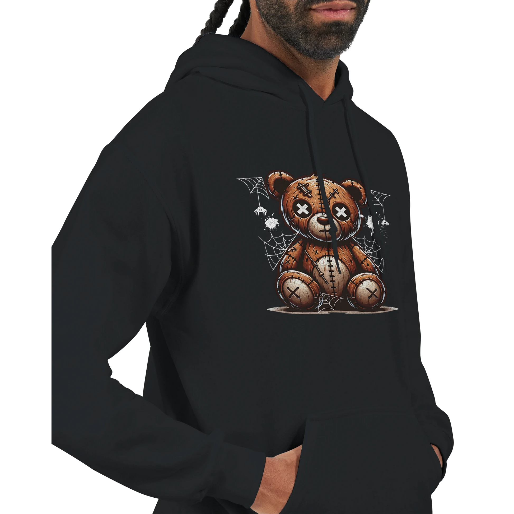 Black men's teddy bear hoodie on a white background. 10