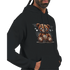 Men's stressed teddy bear hoodie graphic on black cotton-poly blend, X-eyed bear with stitched patches and cobwebs.