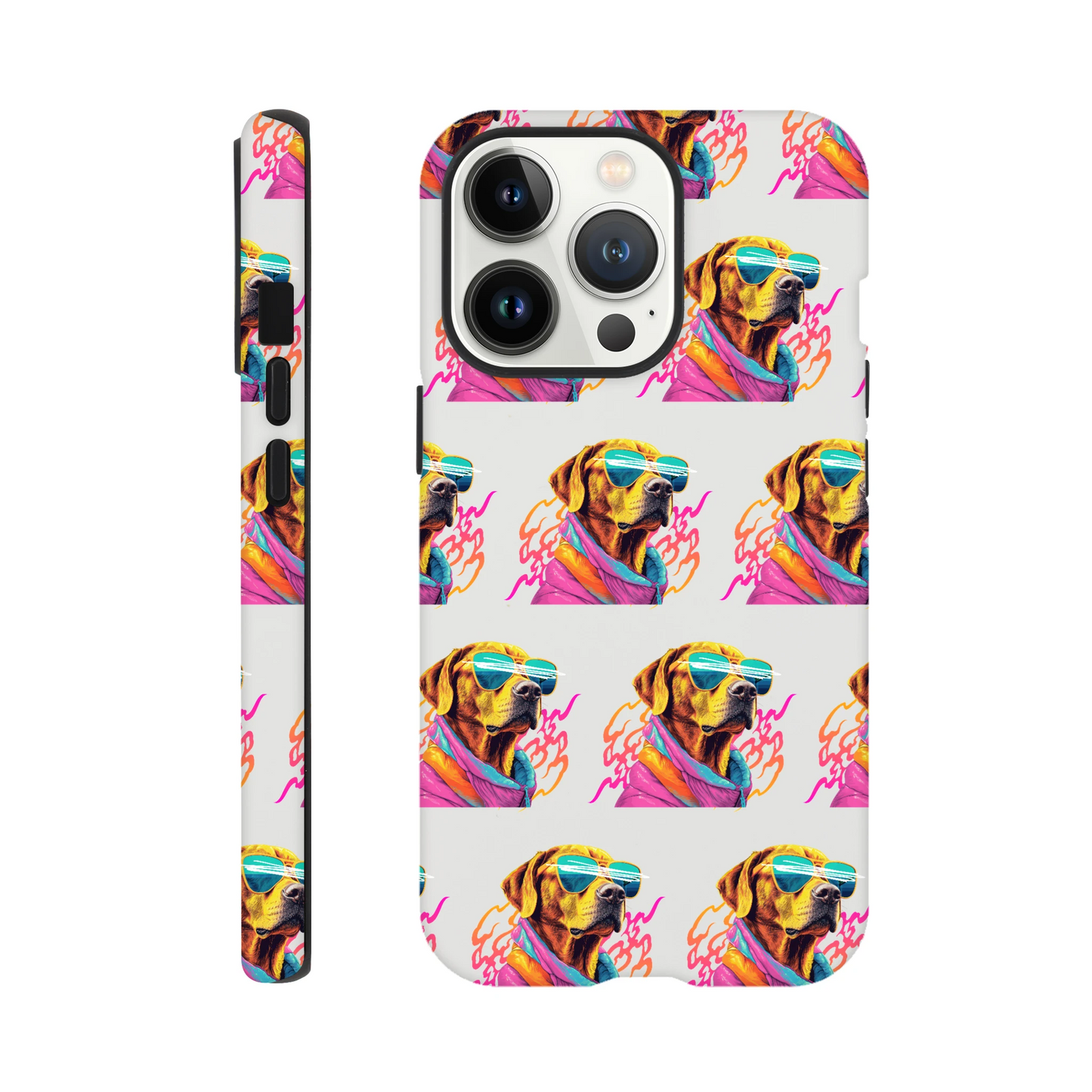 Tough glossy phone case with a repeating sunglasses-wearing dog pattern for iPhone 16/15/14/13.