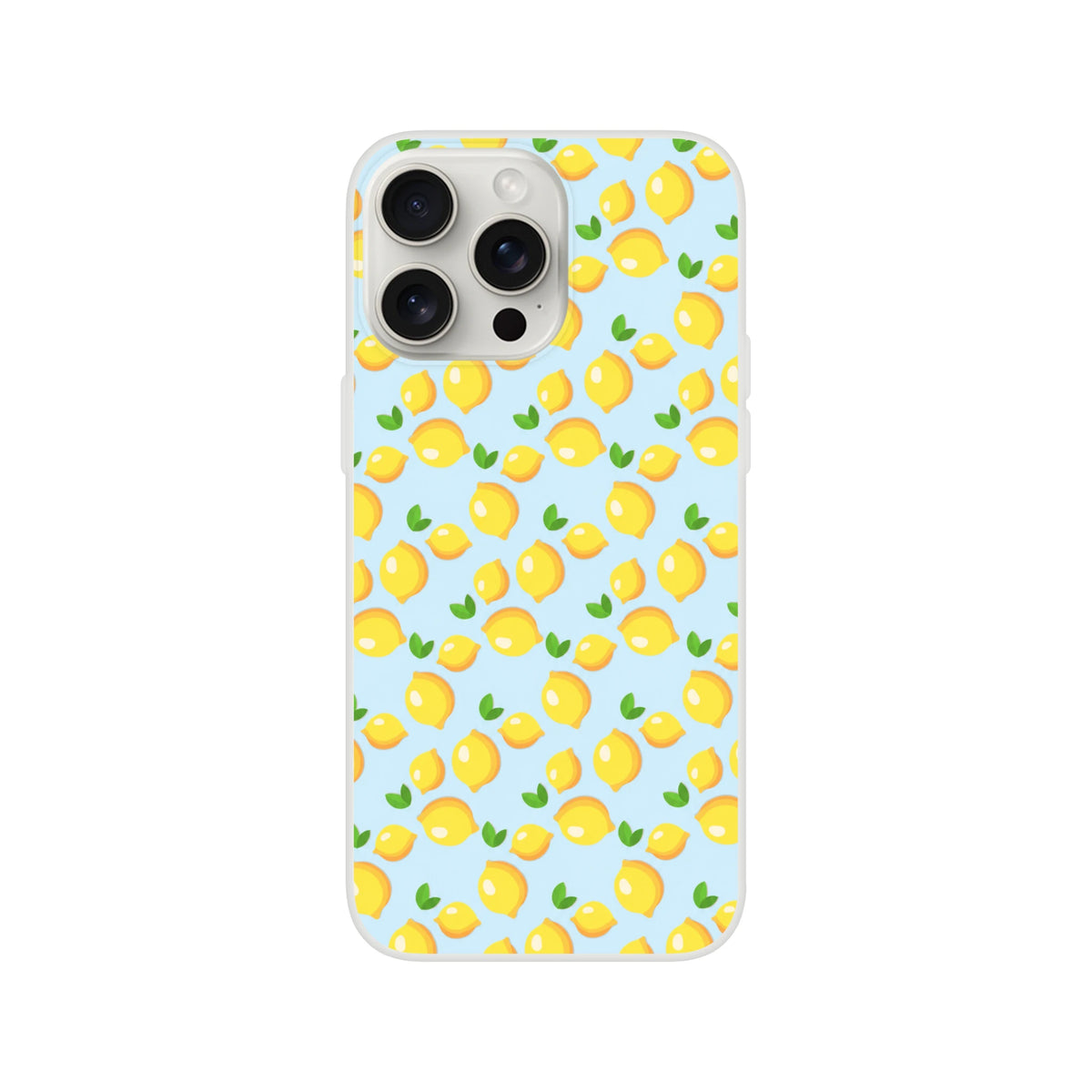 Blue iPhone case with a cute lemon pattern for iPhone 13–16, lightweight citrus design on a light blue background