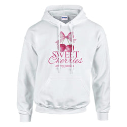 White women's cotton-blend hoodie with pink cherry graphic and 'Sweet Cherries are my passion' slogan.