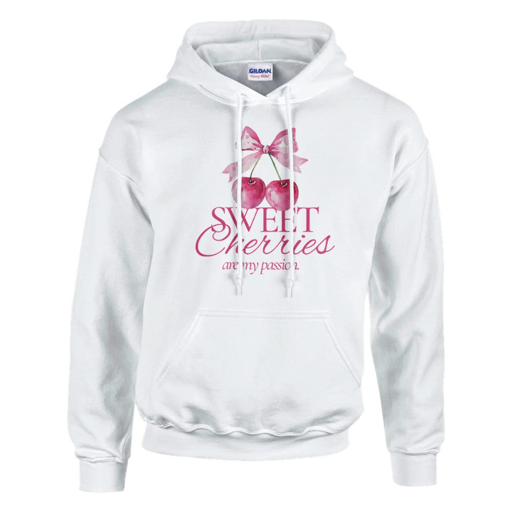 White women's cotton-blend hoodie with pink cherry graphic and 'Sweet Cherries are my passion' slogan.