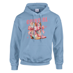 Pastel blue women's cowgirl hoodie featuring pink bow-tied boots and COWGIRL text graphic.