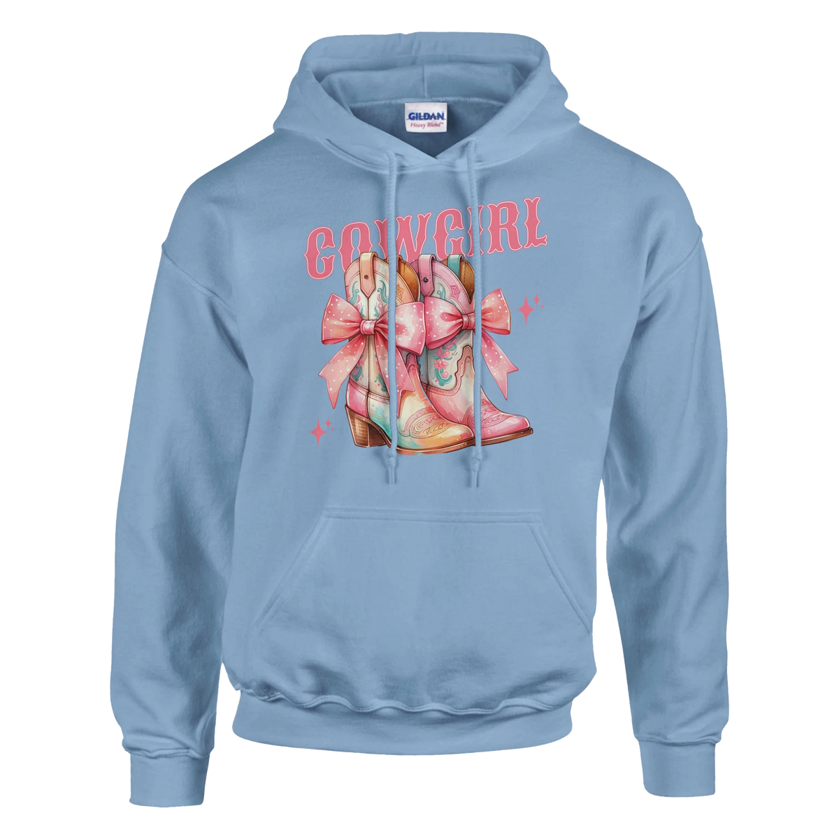 Pastel blue women's cowgirl hoodie featuring pink bow-tied boots and COWGIRL text graphic.