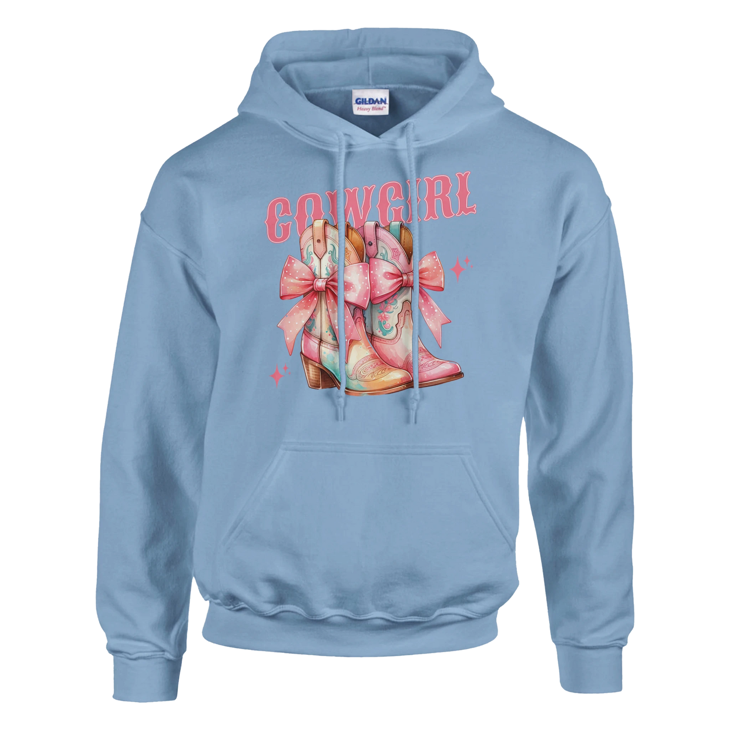 Pastel blue women's cowgirl hoodie featuring pink bow-tied boots and COWGIRL text graphic.