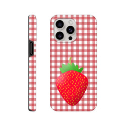 Red and white gingham iPhone case featuring a large central strawberry graphic, showcasing side profile and drop-shield design.