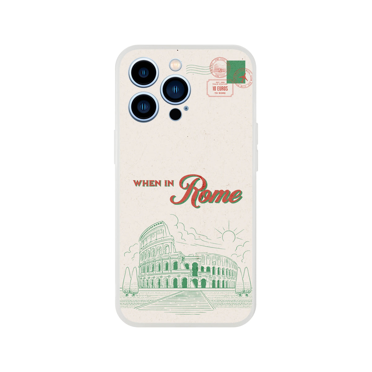 Vintage Rome postcard iPhone case (13-16) with Colosseum sketch and travel stamps, matte finish.