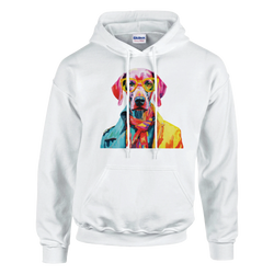 White hoodie featuring a vibrant, colorful dog wearing yellow glasses graphic, with front pouch pocket.