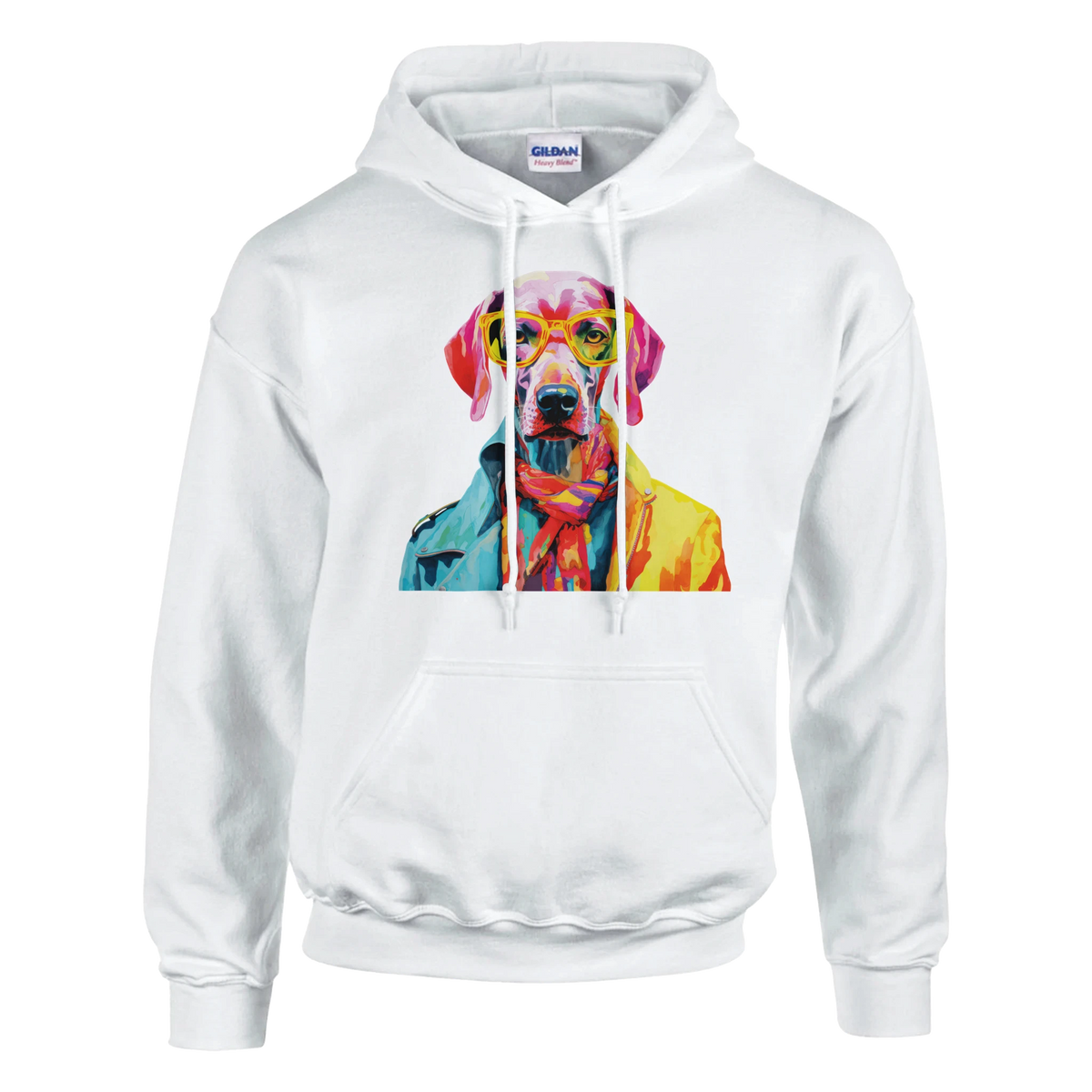White hoodie featuring a vibrant, colorful dog wearing yellow glasses graphic, with front pouch pocket.