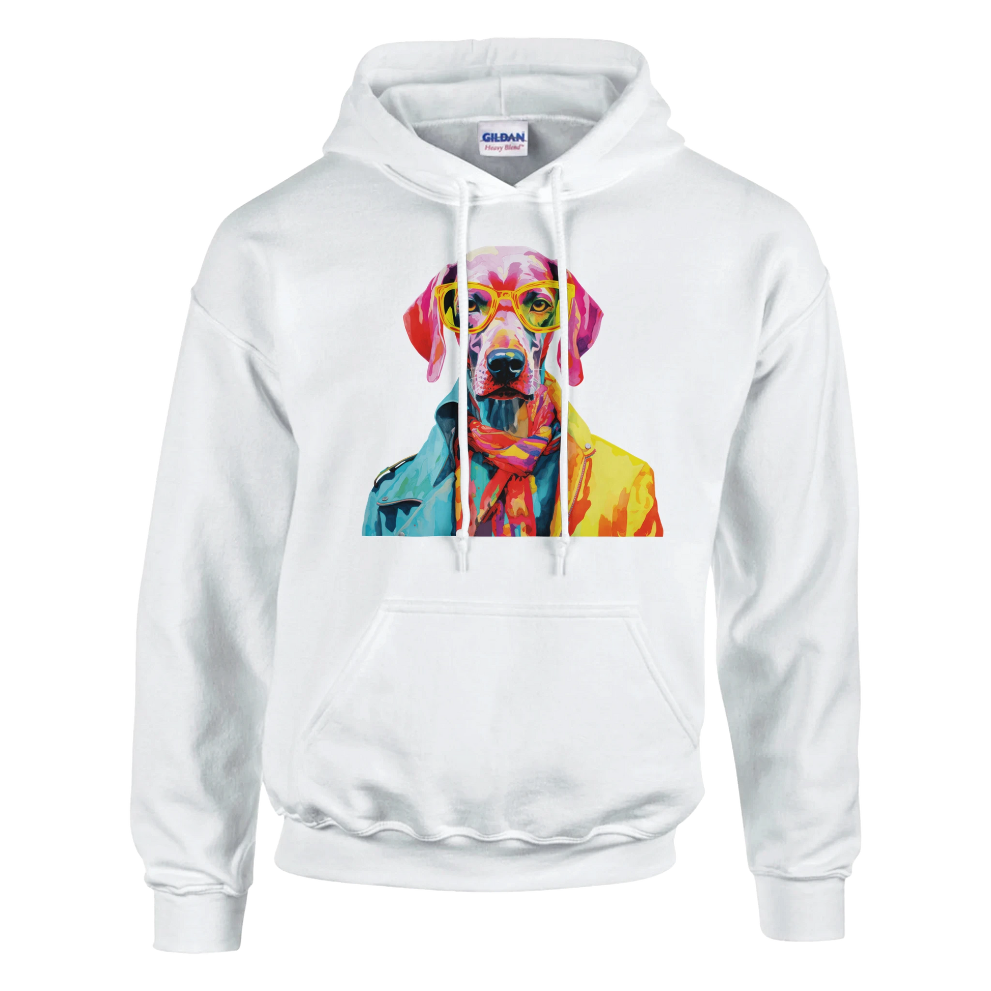 White hoodie featuring a vibrant, colorful dog wearing yellow glasses graphic, with front pouch pocket.