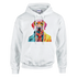 White hoodie featuring a vibrant, colorful dog wearing yellow glasses graphic, with front pouch pocket.