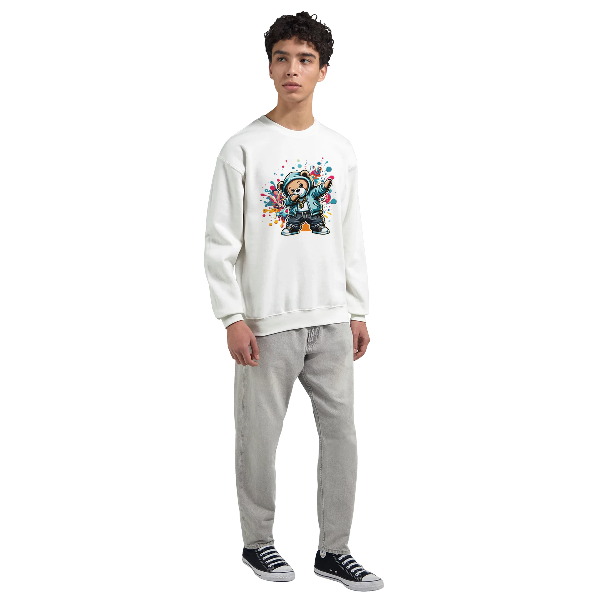 Male model in white Dab Teddy Bear graphic sweatshirt with colorful splash, made from soft cotton blend.