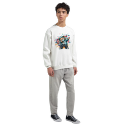 Male model in white Dab Teddy Bear graphic sweatshirt with colorful splash, made from soft cotton blend.