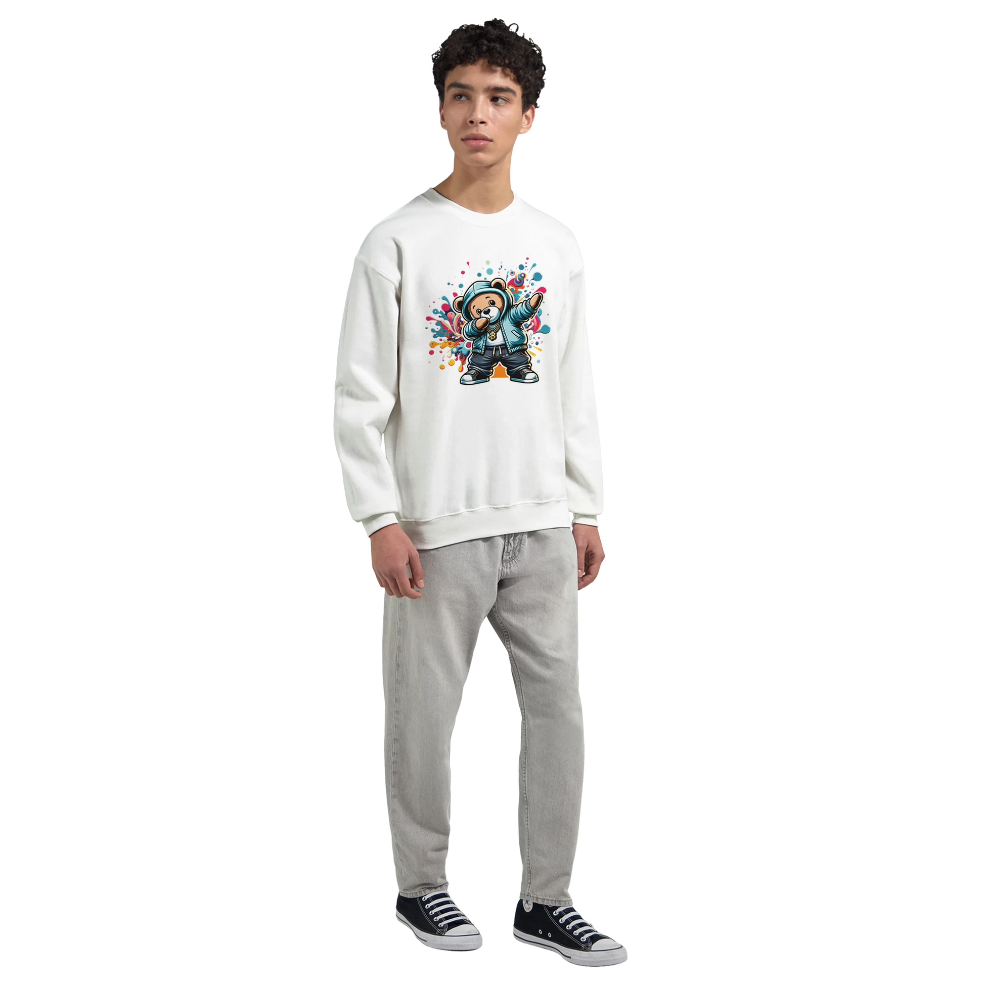 Person wearing a white men's graphic sweatshirt with a colorful graphic design on a white background