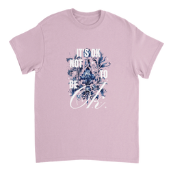 Lavender cotton-blend tee with blue floral graphic and It's OK Not To Be OK slogan.