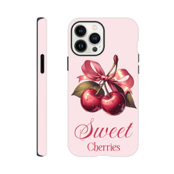 Pink iPhone case featuring retro red cherries tied with a vintage ribbon bow and Sweet Cherries script text.