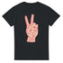 Black heavyweight cotton blend T-shirt with a pink typographic peace-sign hand graphic.