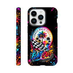 Black iPhone case with colorful paint splatters, checkered flag, palm tree sunset, and Flat Out text for modified car culture style.