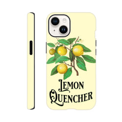 Vintage Lemon Tough iPhone Case featuring retro botanical lemon枝头 illustration and "Lemon Quencher" typography on cream background.