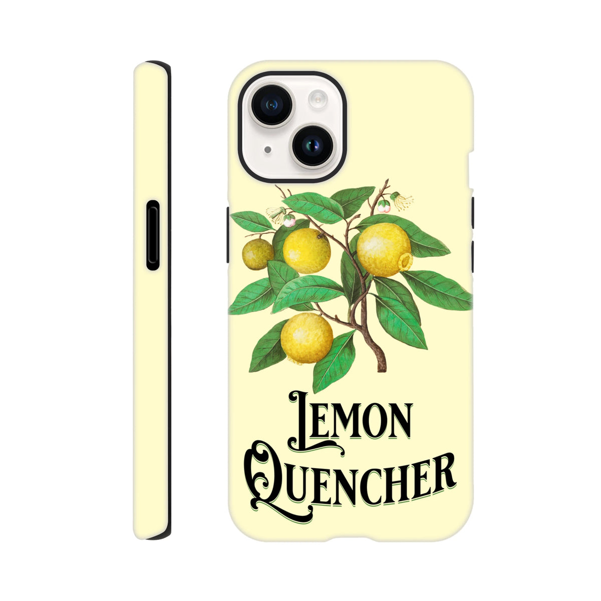 Vintage Lemon Tough iPhone Case featuring retro botanical lemon枝头 illustration and "Lemon Quencher" typography on cream background.
