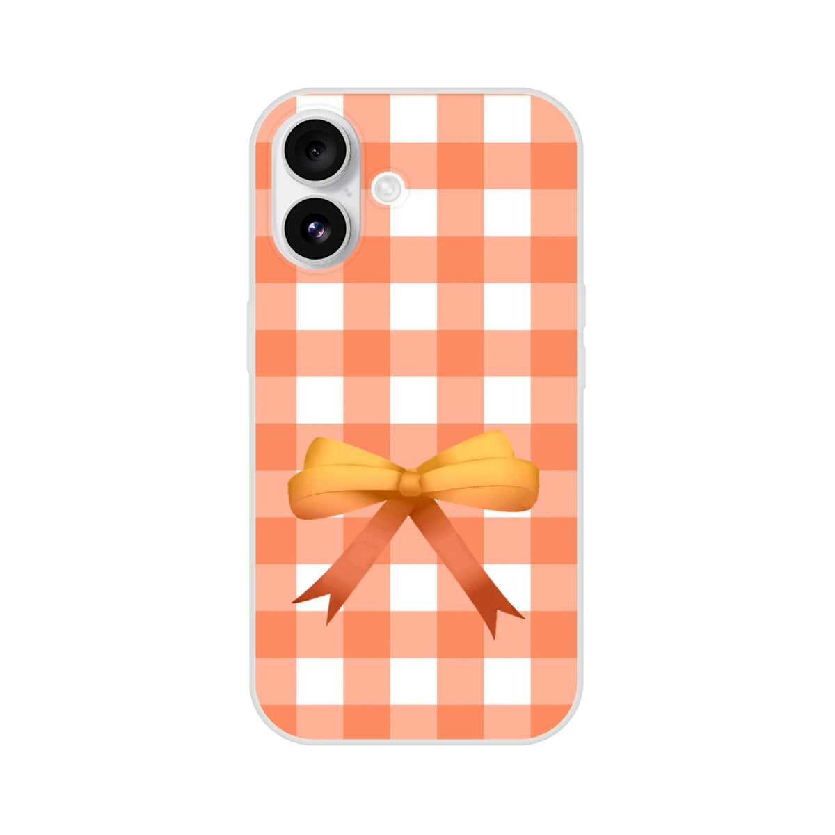 Orange gingham bow iPhone case for 13-16, cute coquette aesthetic.
