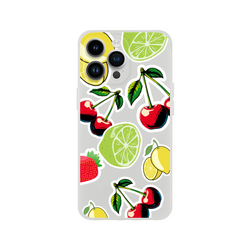 Transparent iPhone case featuring a sticker-style pattern of red cherries, green limes, and yellow lemons.
