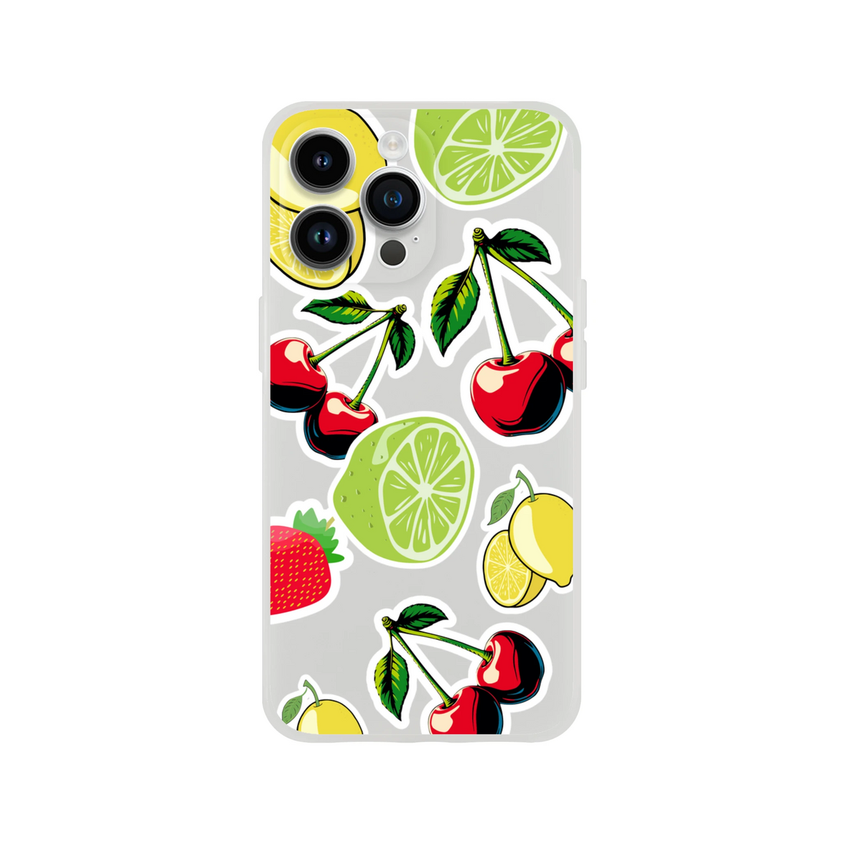 Transparent iPhone case featuring a sticker-style pattern of red cherries, green limes, and yellow lemons.