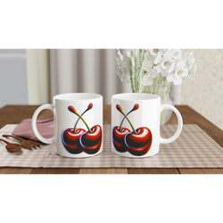 Cute Cherry Mug – Retro Aesthetic Coffee Cup: white mugs with bright cherry illustrations on a checkered table.