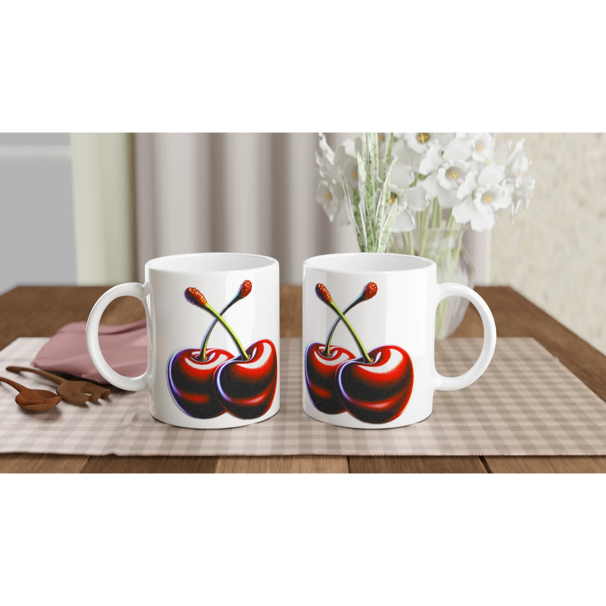 Cute Cherry Mug – Retro Aesthetic Coffee Cup: white mugs with bright cherry illustrations on a checkered table.