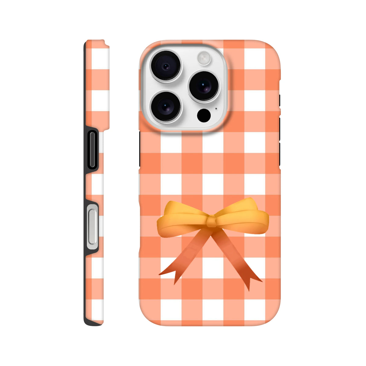 Orange gingham iPhone case featuring a yellow bow and tough impact-resistant protection for daily commutes and skate sessions.
