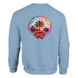 Light blue sweatshirt back print featuring red cherry lips, palm trees, and tropical sunset graphic in retro style.