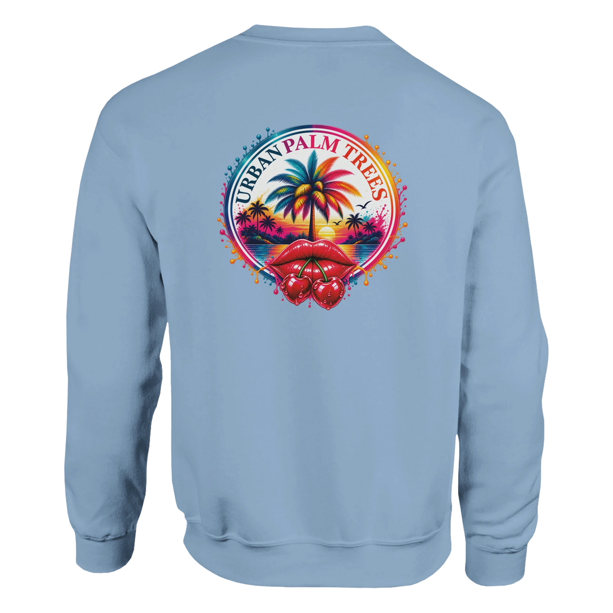 Light blue sweatshirt back print featuring red cherry lips, palm trees, and tropical sunset graphic in retro style.