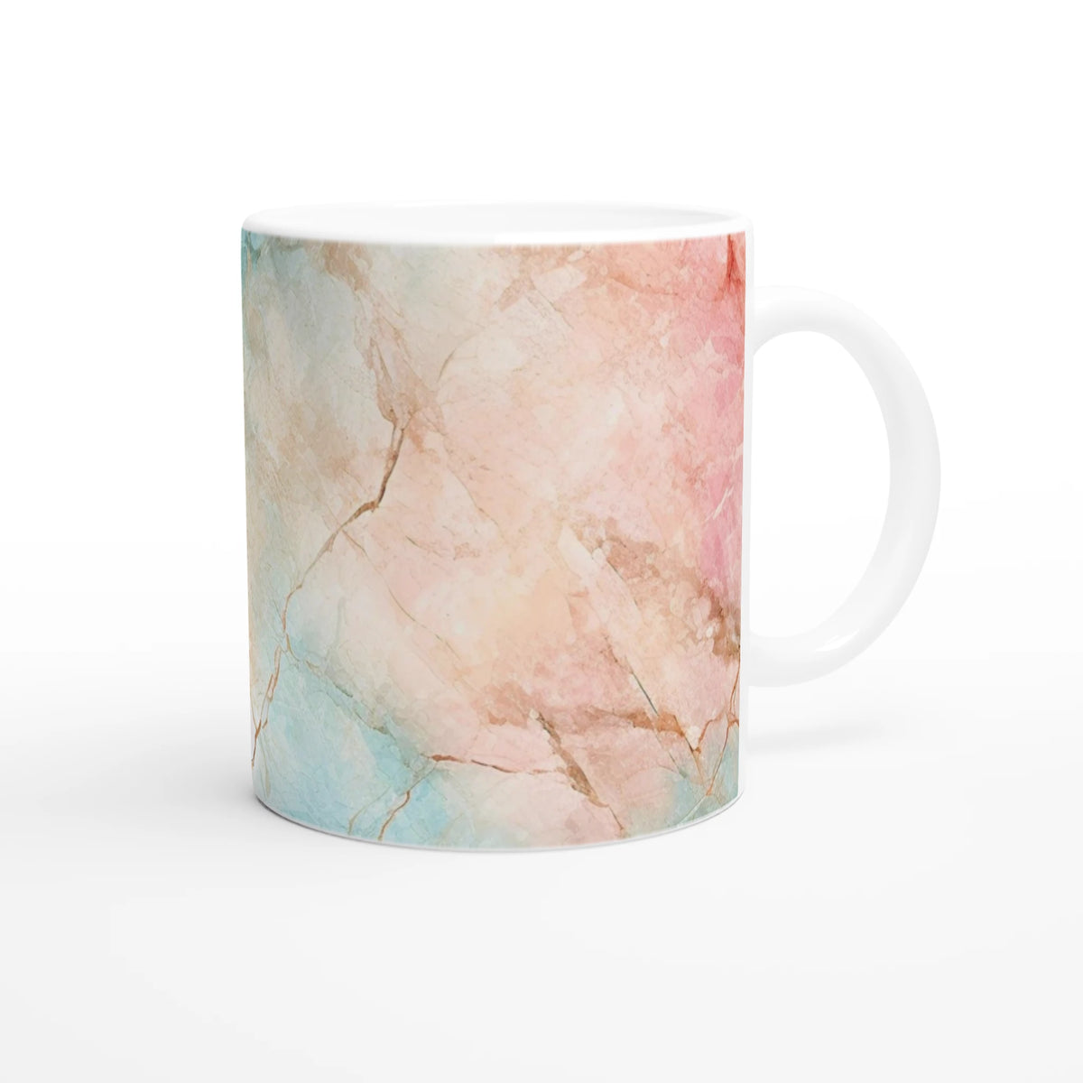 Pastel marble mug with peach and aqua abstract pattern, white rim and handle.