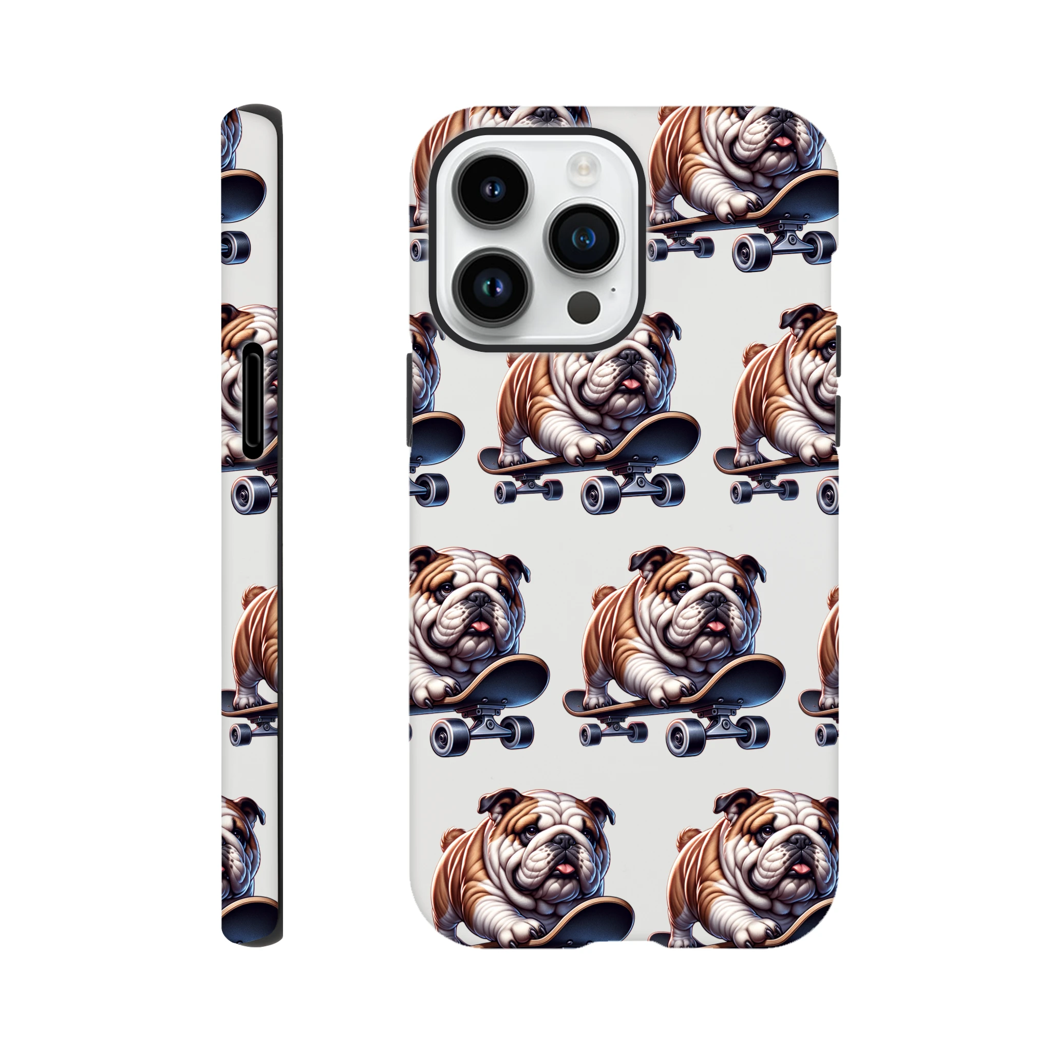 British Bulldog skateboard-pattern tough protective case for iPhone 16/15/14/13; dual-layer, glossy wraparound design