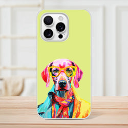 Funny Dog iPhone Case for iPhone 13-16: lime-green background with colorful dog wearing yellow sunglasses