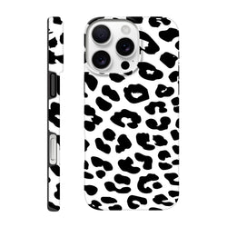 Black and white snow leopard print tough iPhone case with seamless wrap-around design for shock absorption and daily protection.
