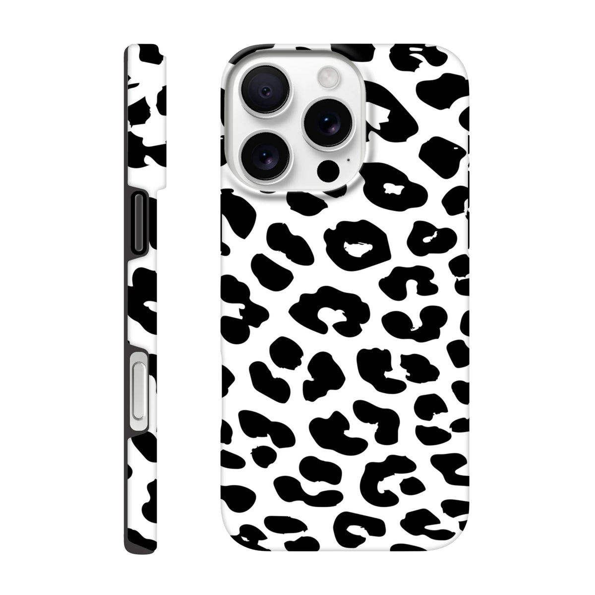 Black and white snow leopard print tough iPhone case with seamless wrap-around design for shock absorption and daily protection.