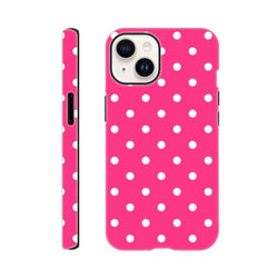 Hot pink & white polka dot tough iPhone case with dual-layer shock absorption and rugged protection for daily use.