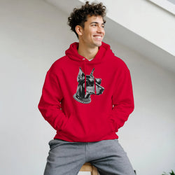 Man in a red Gangster Dog Jumper hoodie featuring a black-and-white dog head with sunglasses and a chain.