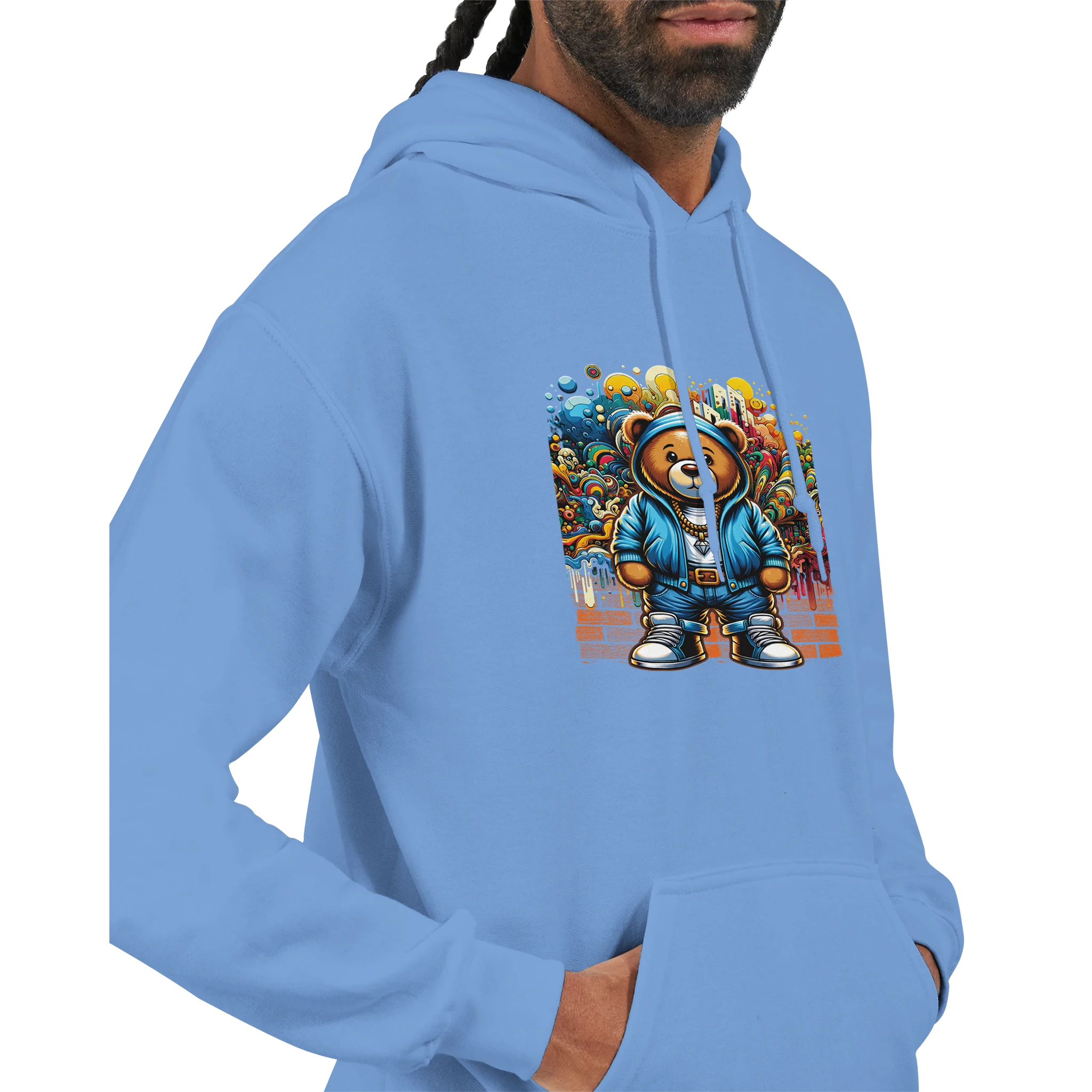 Men's urban teddy bear hoodie in blue, 50/50 cotton-poly blend, bold graffiti bear graphic.